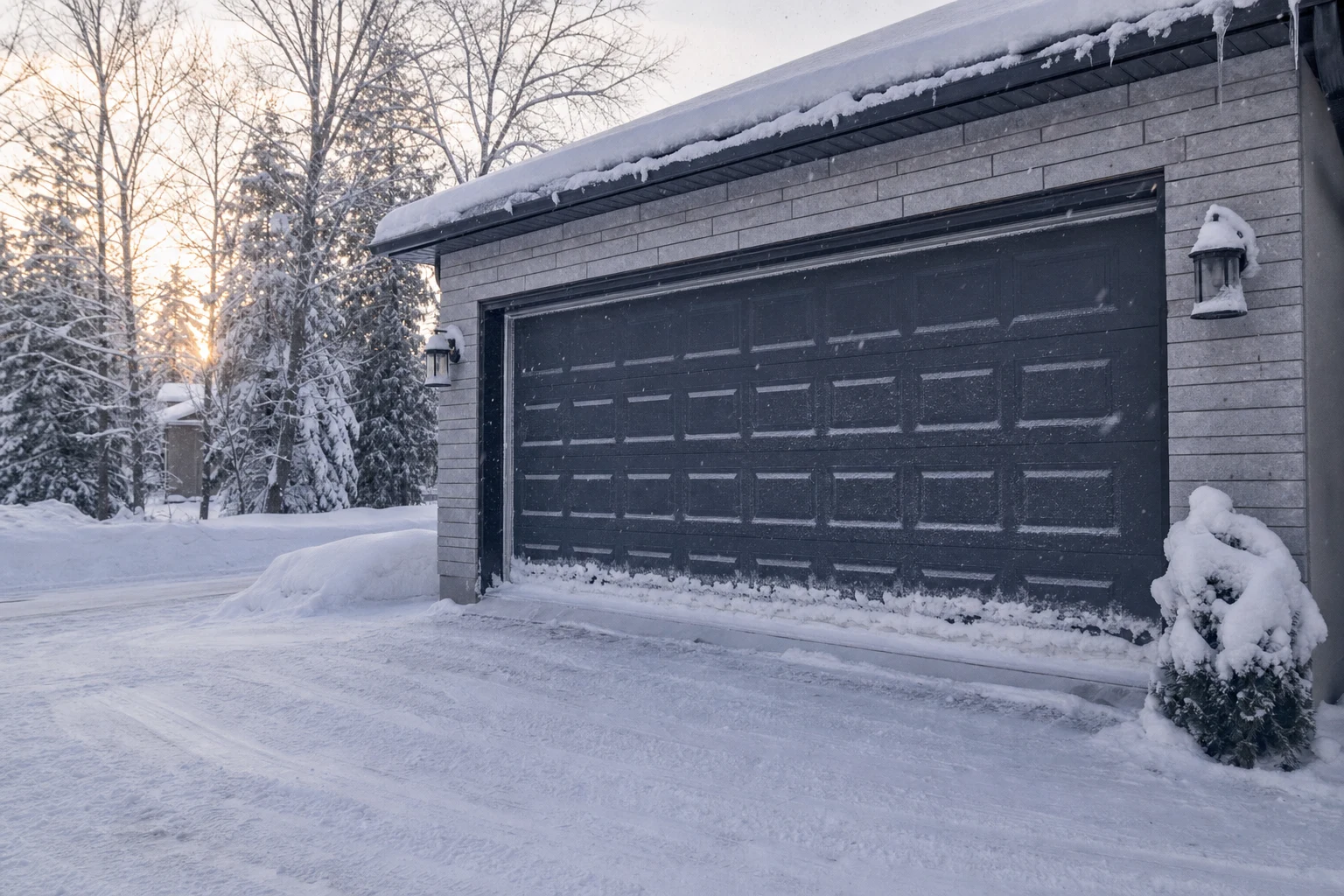 Snow-covered garage door on an Ottawa winter morning