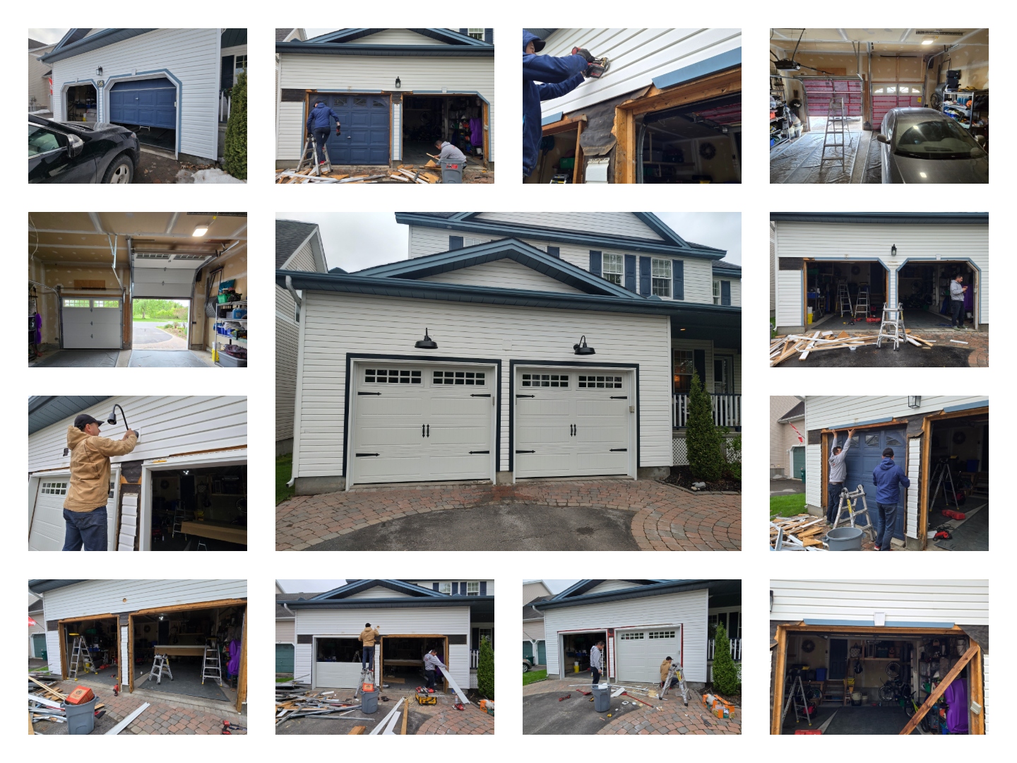 Full garage door restoration in Ottawa — rotted wood frame removed, new framing installed, and two carriage-house style white doors with black hardware fitted on a double-car garage