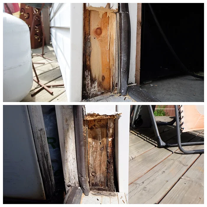 Two views of garage door framing with severe wood rot exposed during repair — deteriorated jamb wood removed back to solid lumber before fresh framing goes in