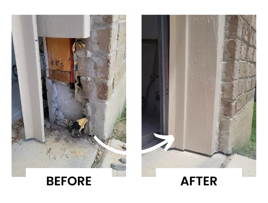 Before and after photo of a garage door jamb — severely rotted wood at the base of a brick opening, then fully repaired with clean fresh trim by Liftime