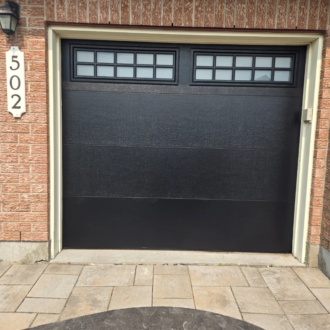 TOHO Flash 800 black garage door with L01 Stockton-10 square windows, installed by Liftime Ottawa