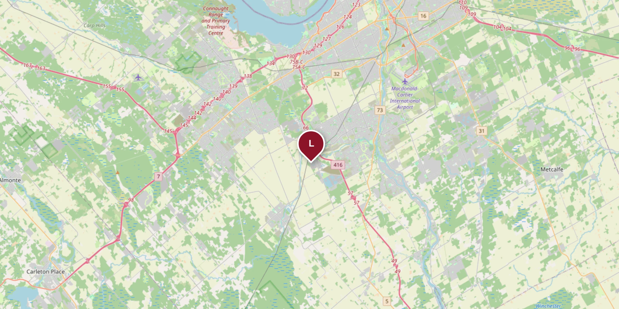 Map of Ottawa with a pin showing Liftime Ottawa Garage Door Service at 46 Sagebrush Crescent