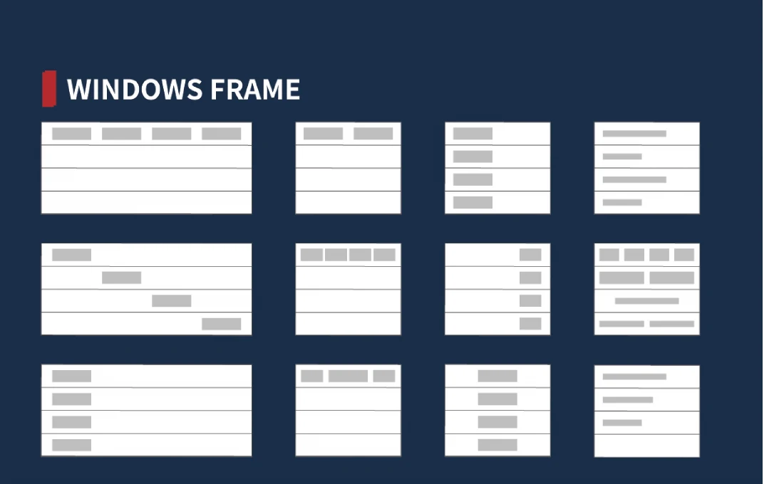 TOHO garage door window frame layout options — 12+ arrangements including long rectangular, short, mixed and tall-top