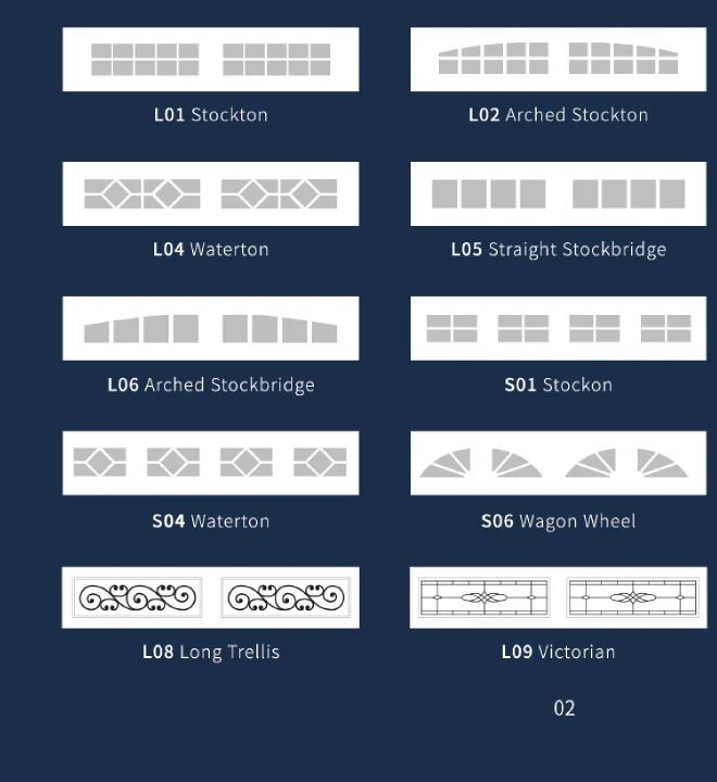 TOHO garage door decorative window inserts — Stockton, Waterton, Stockbridge, Wagon Wheel, Long Trellis, Victorian